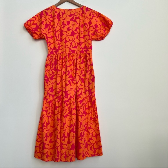 New J. Crew Pink Orange Floral Tiered V-Neck Midi Dress Puff Sleeves BR907 guava - Picture 11 of 16